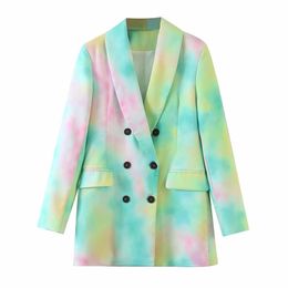 Women Fashion Double Breasted Tie-dye Print Blazer Coat Vintage Long Sleeve Pockets Female Outerwear Chic Tops 210521