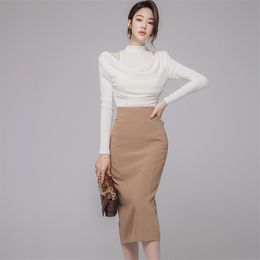 winter 2 piece Suit korea ladies Long Sleeve White shirt Midi Bodycon Skirt set for women clothing 210602