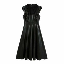 Women Dress Faux Leather Lace-Neck Midi Dress side ruffles Sleeveless elegant Femme Robe Ropa Mujer Vestidos 210709