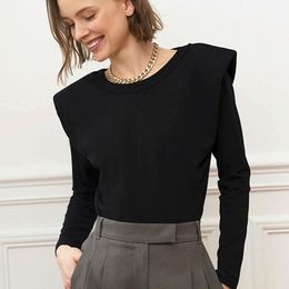 Luxury Pad Shoulder Elegant Lady Blouse Long Sleeve Warm Cotton Autumn Brand Designer Tops Shirts Women Blouse Black Clothes 210317