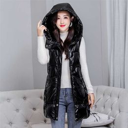 Long Sleeveless Jackets Women's Hooded Warm Ladies Casual Winter Vests Zipper Pockets Thick Glossy Fashion Waistcoat for Female 211120