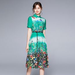Summer Retro Flower Dres Short-Sleeved Slim High Waist Single-breasted casual With Belt 210531