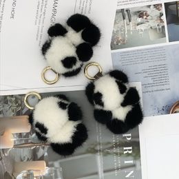 2021 Cute Luxury Brand Panda Animal Key Chain Real Genuine Fox Fur Ball Pompom Ring Bag Pendant Charm For Women F337