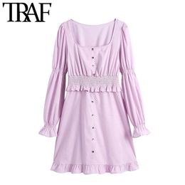 Women Sweet Fashion With Buttons Ruffled Mini Dress Vintage Long Sleeve Elastic Waist Female Dresses Vestidos 210507