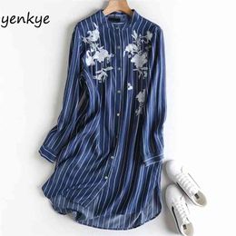 Women Vintage Striped Floral Embroidery Dress Female Long Sleeve Stand Collar Blue Denim Plus Size Casual vestido APWM529 210514