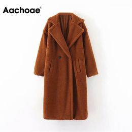 Aachoae Winter Casual Solid Teddy Coat Women Long Sleeve Fleece Long Jacket Turn Down Collar Lamb Fur Coat Outerwear Fourrure 211019