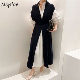 simple 2 piece dress Canada - Neploe Korean Suit Chic Loose Puff Sleeve Shirt Dress + V-neck Drawstring Slim Waist Knitted Vest Simple 2 Piece Set Women 211108