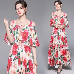 Summer Fashion Runway Boho Dres Off Shoulder Spaghetti Strap Elastic Waist Floral Print Party 210531