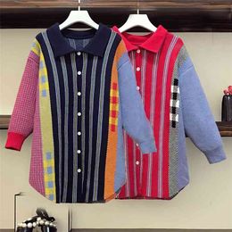 Plus Size Women's Cardigan Fall Loose Colourful Matching Striped Retro Turn-Down Collar Sweater Top Female GX1238 210507