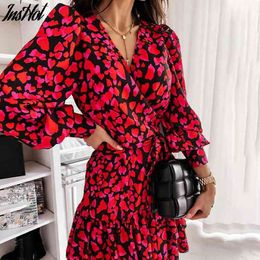 Spring Long Lantern Sleeve Print Wrap Dress Women Elegant Ruffles V Neck Red Party Dresses Autumn Female A Line Office Vestidos 210514