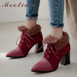 Meotina Women Boots Winter Ankle Boots Fashion Chunky High Heels Short Boots Lace Up Pointed Toe Shoes Ladies Fall Big Size 3-12 210608