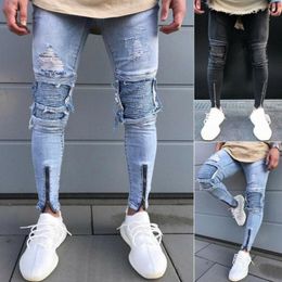 skinny fit pants UK - Mens pants Skinny Slim Fit Straight Ripped Destroyed Distressed Zipper Stretch Knee Patch Denim Jeans