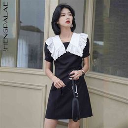 Contrast Colour Laple Lace Dress Women's Summer Waist Short Sleeve Black Above Knee Dresses Female Tide 5E266 210427