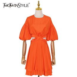 Vintage Red Dress For Women O Neck Lantern Sleeve High Waist Hollow Out Mini Dresses Female Fashion Clothing 210520