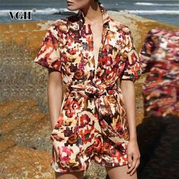 Casual Hit Color Playsuit For Women Stand Collar Short Sleeve High Waist Print Wide Leg Shorts Female Jumpsuit Fashion 210531