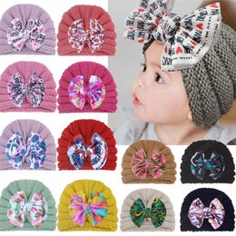 Toddler Comfortable Warm Knitting Wool Cap Vintage Print Bowknot Baby Girl Turban Hat Handmade Crochet Striped Headwear Kid Gift