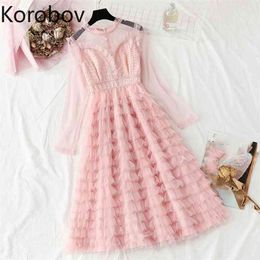 Korobov Korean Chic Sweet Mesh Summer Women Dress New Long Sleeve O Neck Cake Dresses Vintage Elegant Ruffles Vestidos 210430