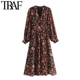 Women Chic Fashion Floral Print Pleated Midi Dress Vintage Puff Sleeve With Lining Female Dresses Vestidos Mujer 210507