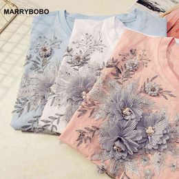 Plus Size Women Embroidery 3D Flower Tee Shirt 2020 Elegant Beading O Neck Short Sleeve White T-Shirts Lady Korean Office Tops X0628