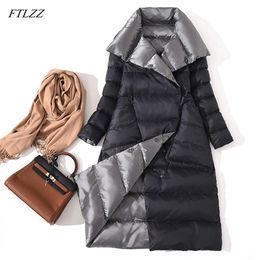 FTLZZ Women Double Sided Down Long Jacket Winter White Duck Coat Breasted Warm Parkas Snow Outwear 211008