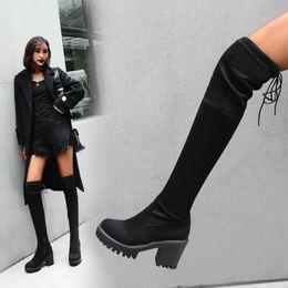 Boots Black Thigh High Female Winter Women Over The Knee Flat Stretch Sexy Fashion Shoes 2021 Botas De Mujer