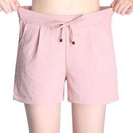 Summer shorts ladies cotton and linen elastic waist loose casual S-4XL 210611