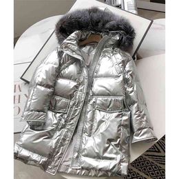 Winter Women 90% White Duck Down Jacket Detachable Large Real Fur Collar Overcoat Glossy Cool Loose Warm Thick Coat 210430