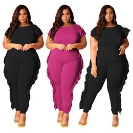 Plus Size Women Solid Ruffle Patckwork Two Piece Sets Fashion O-Neck Short Sleeve Tees High Waist Skinny Pants Tracksuits Outfit Y0625