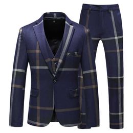 (Jacket+Vest+Pants) 2021 High Quality Men Suits Fashion Grid Mens 3 Pieces Slim Fit business Groom Wedding Plaid Suit Sets X0909