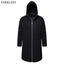 Black Long Hooded Trench Coat Men Winter Causal Men's Wool Hoodie Trench Coats Zipper Slim Fit Men Windbreaker Overcoat 2XL 210522