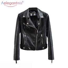 Aelegantmis Autumn Winter Black Pu Leather Jacket Women Soft Faux Motorcycle Street Casual Ladies Biker 210607