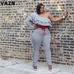 Women's Jumpsuits & Rompers VAZN Chic Design 2021 Spring Sexy Lady Grey Long Jumpsuit One Shoulder Full Sleeve Ruffles Solid Slashes