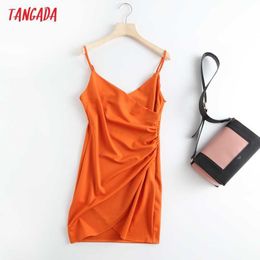 Tangada Women Orange Short Dress Strap Adjust Sleeveless Fashion Lady Elegant Dresses Vestido BC40 210609
