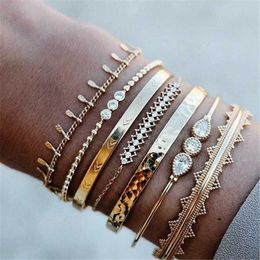 7pcs/set Women Fashion Gold Colour Crystal Geometry Bangles Set Boho Bracelet Vintage Beach Jewellery Accessories Lover Gifts New Q0719