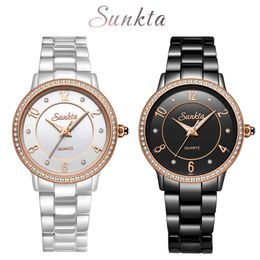 SUNKTA Crystal Diamond Rose Gold Ceramic Women Watch Waterproof Top Brand Luxury Watch Women Dress Quartz Clock Relogio Feminino 210517