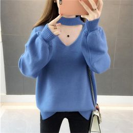 Sweater Female Autumn And Winter Shirt Half-high Collar Solid Colour Long-sleeved Loose Lantern Sleeve Knit 210427
