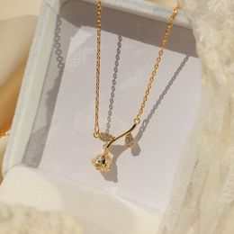 Charm Elegant 14K Real Gold Plated Rose Flower Chain Necklace for Women Design Temperament Jewelry Pendant Bling Zircon Gift