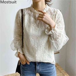 Korean Lace Blouses Shirts Women Flare Sleeve Stand Collar Hollow Sweet Elegant Tops Pullovers Fashion Casual Office Blusas 210513