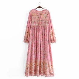Women Bohemian Vintage Pink Midi Dress Spring Autumn BOHO Long Sleeve Single Breasted Chic Femme Vestidos 210521