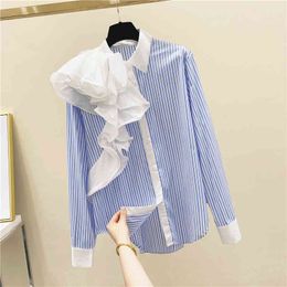 Autumn Fashion Womens Turn Down Collar Ruffles Blue Stripe Shirt Tops Female Long Sleeves Blouses Shirts A2746 210428