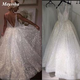 ZJ9234 Beach Glitter Wedding Dress v neck Party Bridal Dresses vestido de noiva gelinlik Arabic mariee shiny Bridal Gowns