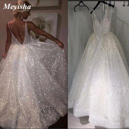 ZJ9234 Beach Glitter Abito da sposa con scollo a V Abiti da sposa per feste vestido de noiva gelinlik Arabo mariee Abiti da sposa lucidi