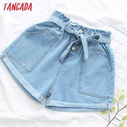 Tangada Women Pockets Denim Shorts with Slash Summer Vintage High Elastic Waist Female Short Pants Mujer 5N13 210719