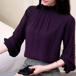 New Women Blusas Feminina Elegant Chiffon Blouses Spring Casual Lantern Sleeve Female Shirt Fashion Purple Tops Ladies 93A 30 210317