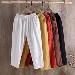 Cotton Linen Harem Pants Women's Summer Oversize Pants Solid Casual Mom Ankle-length Pants Loose Elastic Waist Trousers Women Q0801