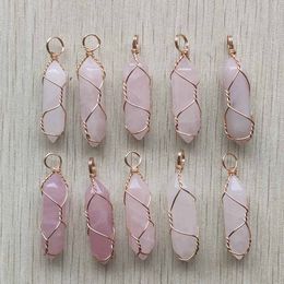 Gold wire wrapped Rose Quartz Hexagon pendulum Chakra Charms Pendant Healing pink Crystal Stone Hangings Fashion Jewellery Making Wholesale