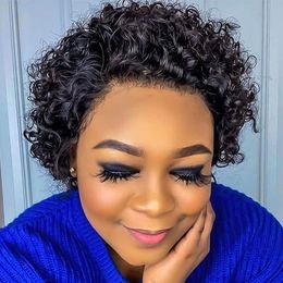 Short Curly Pixie Cut Wig Brazilian Remy Human Hair Wigs For Black Woman Slick Back Transparent 13x1 Lace Part Wig Glueless