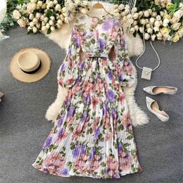 Spring Temperament Vestidos Female Round Neck Slim Midi Heavy Industry Pleated Chiffon Print Dress C296 210506