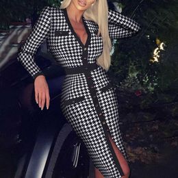 Spring Women Houndstooth Print Long Party Dress Sexy Deep V-neck Button Slit Vintage Autumn Lady Sleeve Bodycon 210526