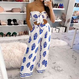 Floral Print Frill Hem Loose Sashes Beach Style Sexy 2 Piece Set Women Strapless Wide Leg Two Piece Outfits Woman 210521